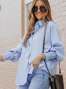 Women's Striped Print Shirred Bishop Sleeve High Low Curved Hem Shirt, Casual Button Front Longsleeves Pocket Collared Top for Spring & Fall, Women's Clothing for Daily Wear, Summer Tops, Womenswear, Blouse, Long Sleeve Shirt Women