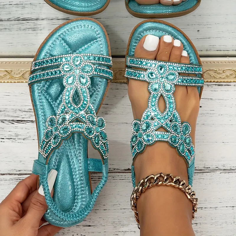 Women's Floral Rhinestone Flat Sandals, Bohemian Open Toe Slip-On Shoes, Casual Summer Beach Slides Footwear Girl 5