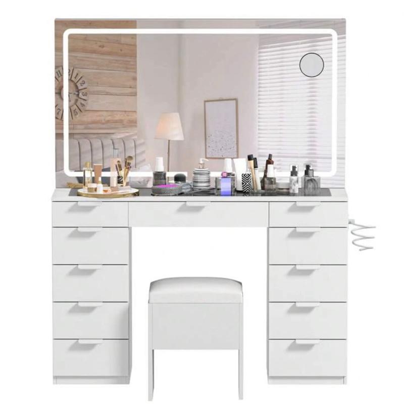 YITAHOME 46" Makeup Vanity with 11 Drawers, Makeup Desk Chair Set with LED Mirror and Power Outlet, 3 Lighting Color Adjustable 2