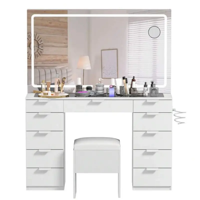 YITAHOME 46" Makeup Vanity with 11 Drawers, Makeup Desk Chair Set with LED Mirror and Power Outlet, 3 Lighting Color Adjustable 2