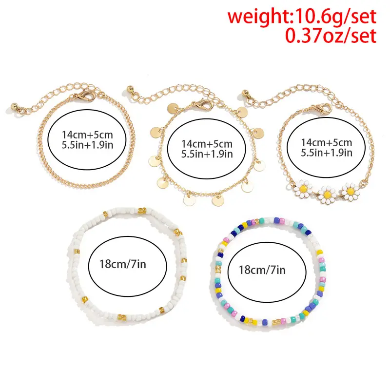 5Pcs Beaded Flower Chain Bracelet Set - 2025 Spring Summer Trendy Boho Jewelry for Women | Y2K Dainty Stackable Wrist Candy | Gold Silver Minimalist Handmade Accessories 4