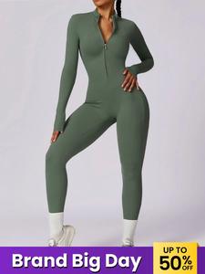 Women's Solid Zip Up Long Sleeve Sports Jumpsuit, Casual Workout Sporty Jumpsuit for Yoga Gym, Fitness Womenswear Clothes, Athleisure Style Workout Clothes, Workout Gym Clothing, Stretchable Activewear, Workout Apparel, Fitness Outfit