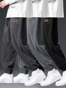 Men's Letter Patched Drawstring Waist Corduroy Pants, Casual Comfy Pocket Trousers for Daily Wear, Men's Bottoms for Fall & Winter