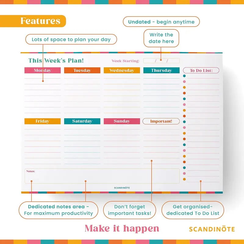 SCANDINÖTE Weekly Planner Pad. A4 Desk Pad. 52 Journal Sheets with Notes,  Important & To Do List. Family, work, home, study, revision. 100gsm  recycled paper. UK Made. 3
