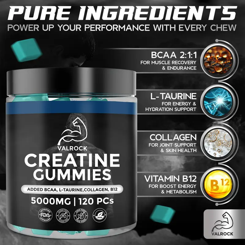 Creatine Gummies 5000mg 120 Gummies | Added L-Taurine, BCAA's, Collagen, B12 | Muscle, Strength & Recovery | Mixed Berry Flavour (1 Month Supply) 2