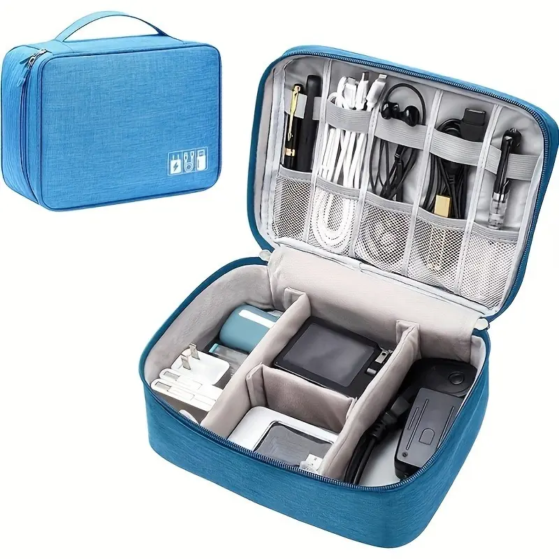 [Waterproof Electronics Organizer] Durable Waterproof Travel Electronics Organizer Bag - Adjustable Compartments, Mesh Pouches & Handle for Chargers, Phones, Laptops & Accessories, Blue 1