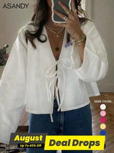 Women's Plain Tie Front V Neck Blouse, Casual Long Sleeve Top for Spring & Fall, Women's Clothing for Daily Wear