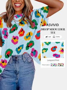 Women's Leopard Print Drop Shoulder Oversize T-Shirt, Casual Round Neck Loose Top for Summer, Ladies Casual Clothes