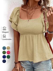 Women's Plain Shirred Blouse, Casual Layered Sleeve Top for Summer, Women's Clothing for Daily Wear, Elegant Classy Tops, Shortsleeve Womenswear, Casual Boho Blouses