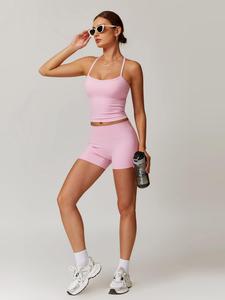 Women's Solid Backless Crop Cami Top & Shorts Sportswear Set, Sporty Sleeveless Top & Skinny Shorts, Ladies Sportswear for Indoor Outdoor Wear
