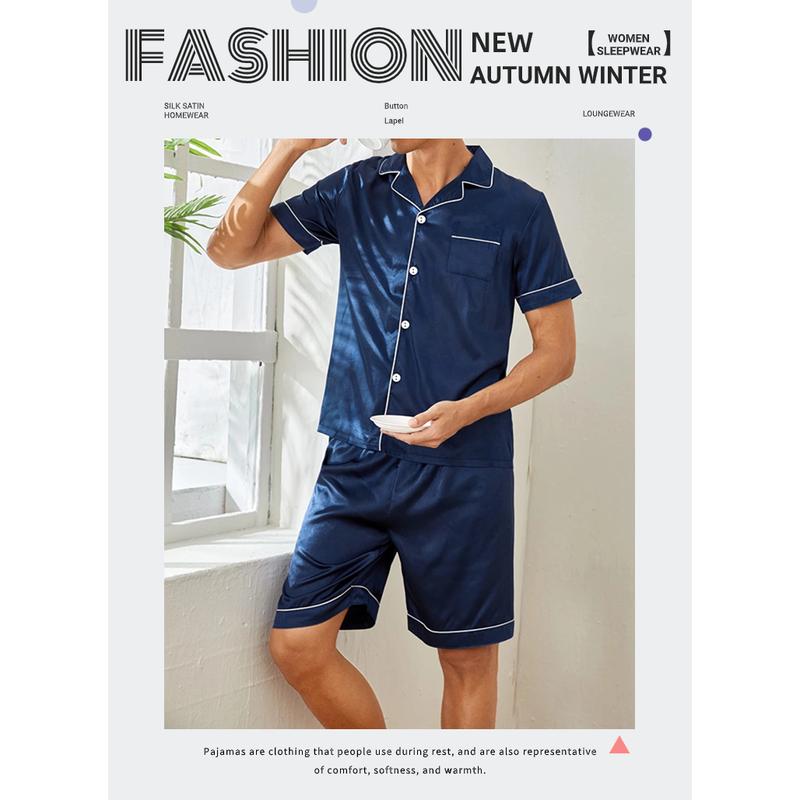 Men satin pajama set summer casual pajama button pocket short sleeved shirt with shorts casual pajama men two piece pajama set 8