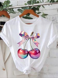 Women's Cherry Print Short Sleeve Pajama Tee, Casual Round Neck T-shirt for Daily Wear, Ladies Sleepwear for All Seasons,  Loose Tops