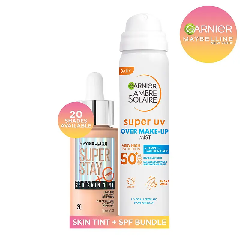 Garnier Over Make-Up SPF 50 Mist & Maybelline Super Stay Skin Tint Foundation + Vitamin C