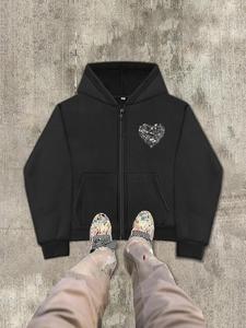 Men's Rhinestone Heart Print Zip Up Hoodie, Loose Casual Long Sleeve Hooded Sweatshirt for Fall & Winter, Men's Clothes for Daily Wear