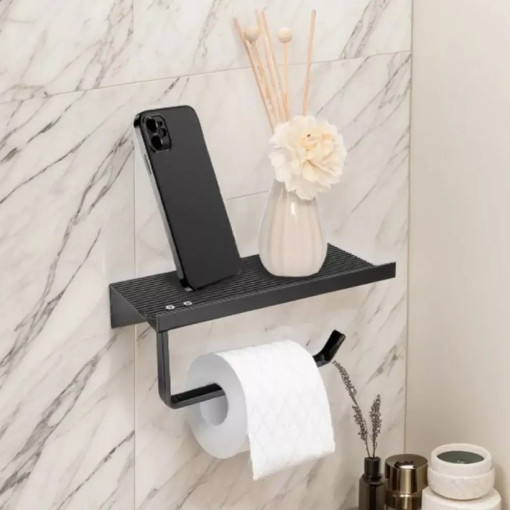 Toilet Paper Holder with Shelf Wall Mounted Toilet Paper Holder Black Hand