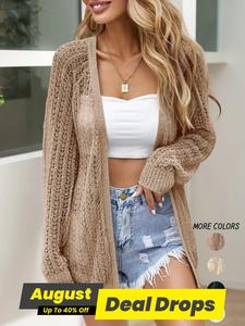 Women's Solid Color Hollow Out Long Sleeve Cardigan, Casual Breathable Open Front Knitwear for Summer, Fashion Women's Knit Clothing for Daily Wear