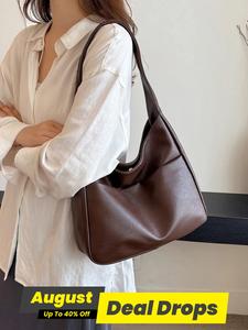 Women's Solid Color Tote Bag, Fashionable Large Capacity Shoulder Bag for Work & Daily Life, Casual Trendy Versatile Vintage Commuting Bag