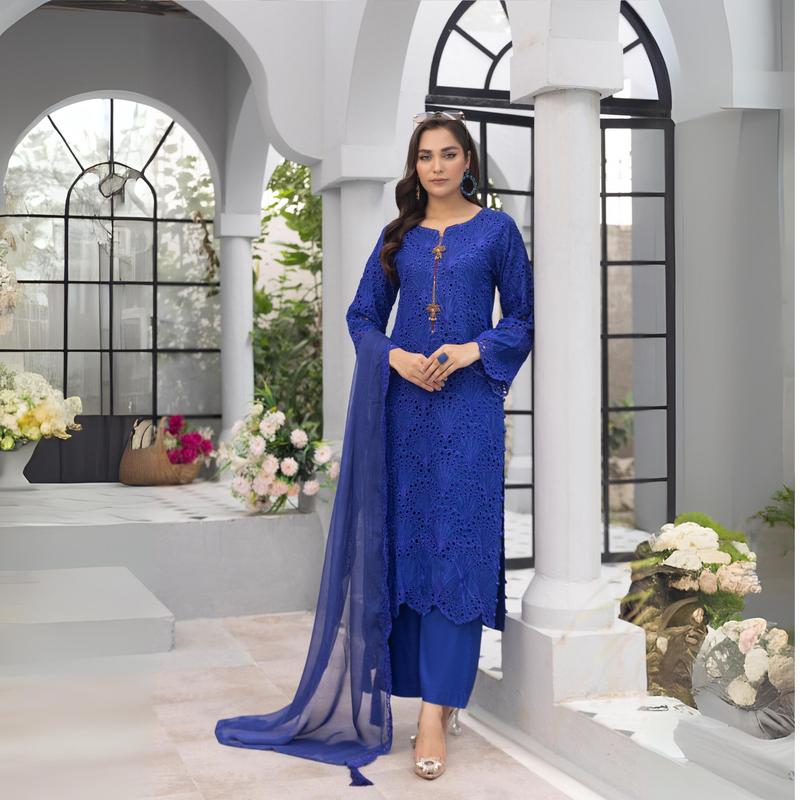 3 Pc Linen Chikenkari Ready to Wear Dress | Simrans | UMSIM4 1