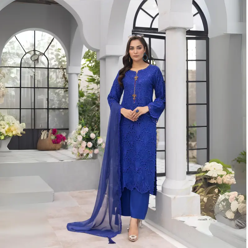 3 Pc Linen Chikenkari Ready to Wear Dress | Simrans | UMSIM4 1