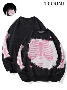 Halloween Outfit Ideas, Men's Colorblock Skeleton Print Drop Shoulder Sweater, Regular Fit Casual Long Sleeve Round Neck Jumper for Fall & Winter, Fashion Men's Knitwear for Daily Wear,Halloween Costumes.