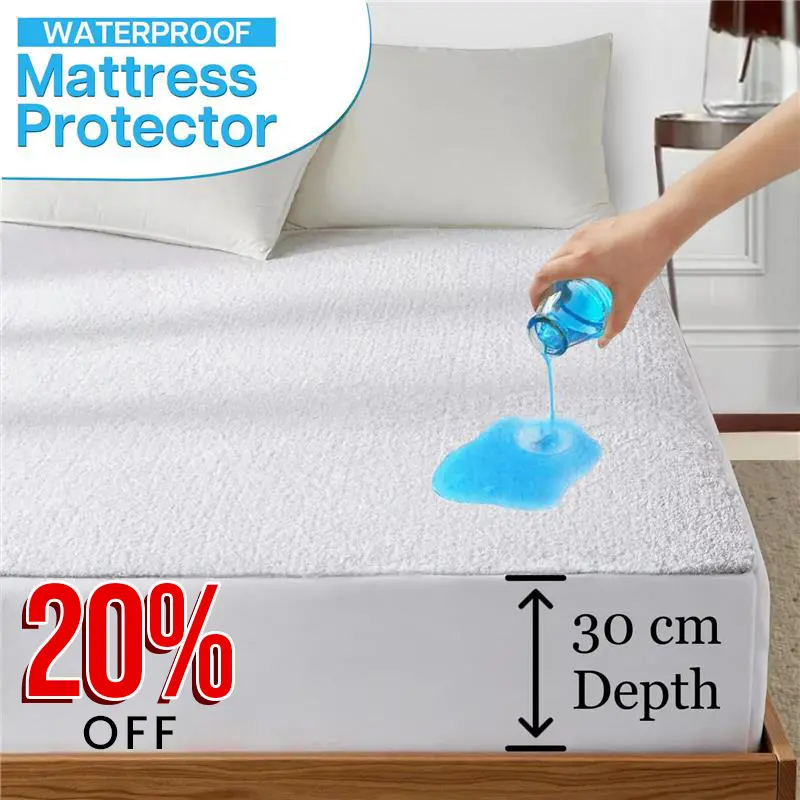 100% Waterproof Mattress Protector 30CM Extra Deep Elastic Fitted 1 Count Soft Terry Towel Touch Bed Top Cover, Waterproof Mattress Cover Single, Double, King & Super King