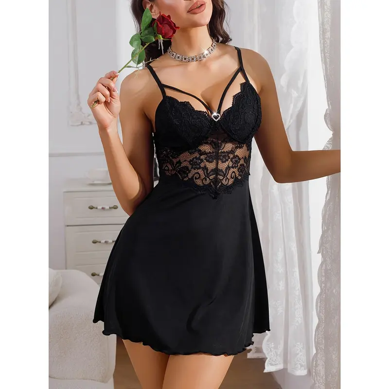 Sultry Nights Women's V-Neck Lace Nightgown - Soft, Comfortable, and Adjustable Sleep Dress with Heart-Shaped Rhinestone Accent, Delicate Lace Trim, and Adjustable Straps for a Perfect Fit - Ideal for a Romantic Evening In 7