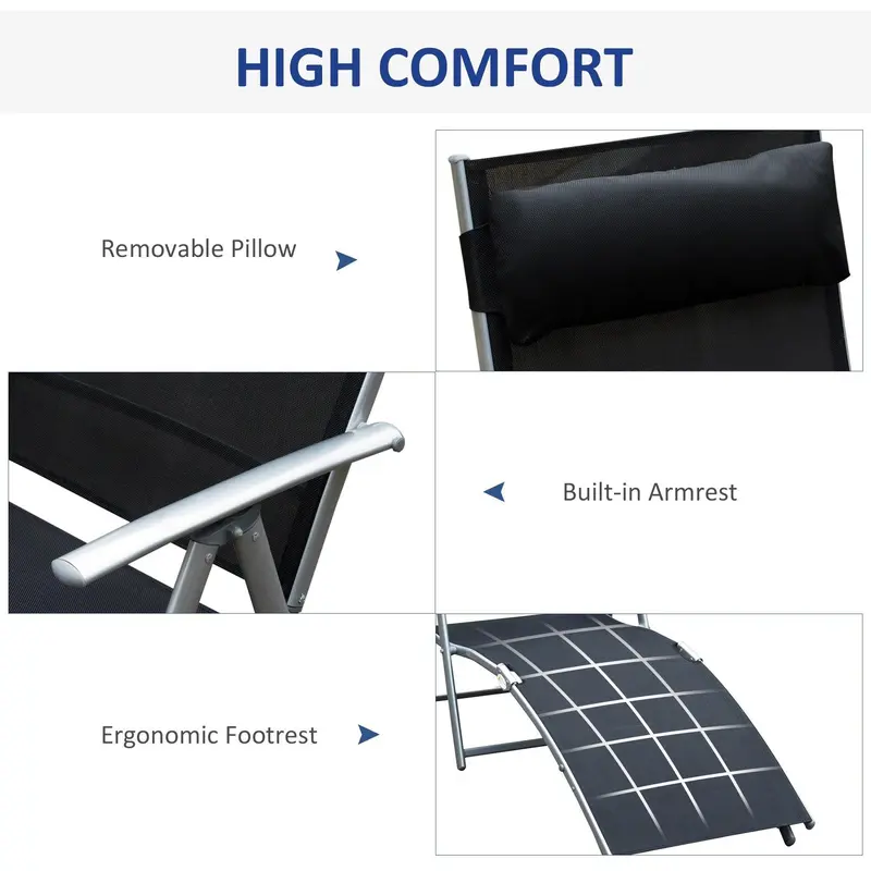 Black Folding Reclining Garden Sun Lounger With Arms and Pillow for Outdoor Relaxation 3