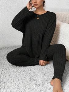 【Plus Size】 Two-piece Set Solid Drop Shoulder Top & Skinny Pants Ribbed Pajama Set, Soft Casual Comfy Round Neck Long Sleeve Top & Trousers Set, Women's Sleepwear for Fall & Winter, Womenswear, Loungewear