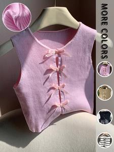 Women's Bow Decor Ribbed Knit Tank Top, Casual Sleeveless  Top for Summer, Women's Knitwear for Daily Wear