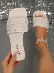 Women's Fashionable Cream Glitter Decorated Slides, Lightweight Waterproof Sandals, Elegant Sparkly Party Shoes, Casual Flat Stylish Elegant Sandals for Beach, Daily Wear, Lightweight Breathable Shoes for Women, Summer Elegant Classy Sandals, Footwear