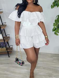 Feminine Women's Plain Tiered Layer Ruffle Off Shoulder Romper, Chic Cute Casual Shirred Waist Romper for Summer, Women's Clothes for Daily Wear, Boho Clothes, Womenswear, Clothes for Women, Everyday