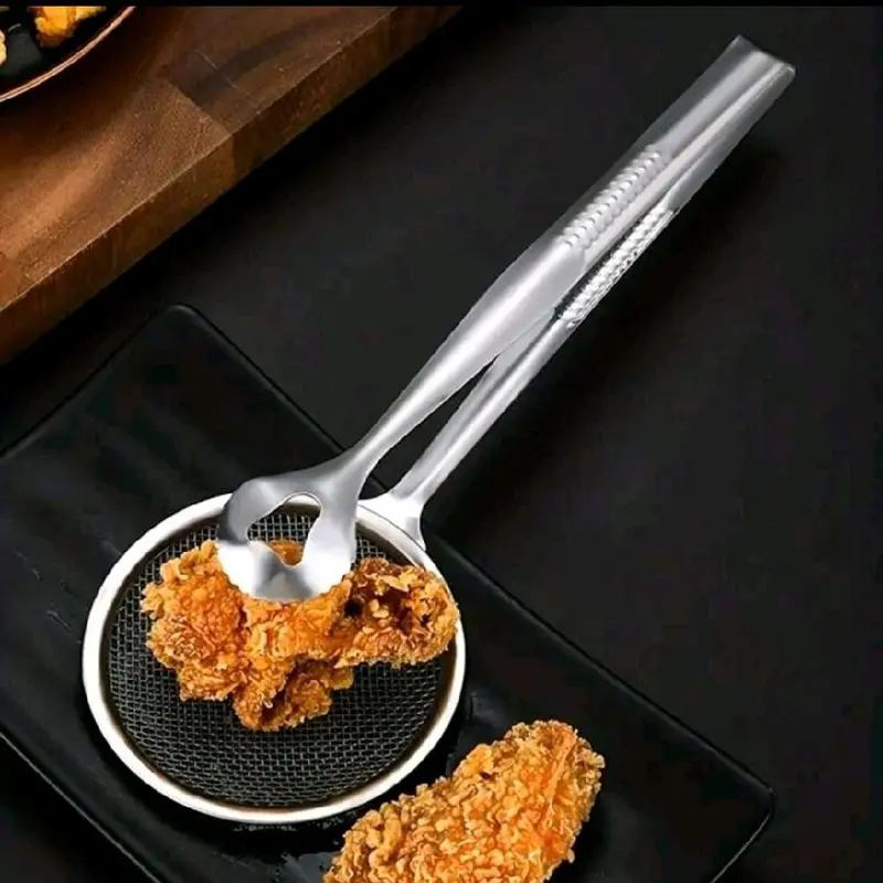 Stainless Steel Oil Strainer Spoon with Long Handle for Frying Food - Kitchen Utensil Tongs 4