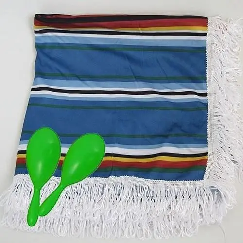 Blue Mexican Poncho Fancy Dress Costume with 2 Maracas 1