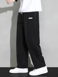 Men's Solid Color Letter Print Straight Leg Pants, Loose Casual Comfy Trousers for Summer, Woven Bottoms for Men