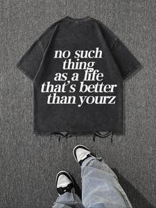 Men's Letter Print Raw Hem Short Sleeve Tee, Regular Fit Casual Fashion Round Neck T-shirt for Summer, Men's Top for Daily Wear, Cotton