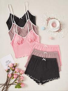 Women's Pastel Bow Front Lettuce Trim Spaghetti Pyjama Set, Casual Lightweight Contrast Binding Adjustable Cami Top & Elastic Waist Shorts Pj Set, Lingerie, Summer Matching Sleepwear Set for Women, Pyjamas for Women, Womens Clothes