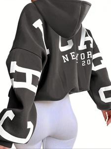 Women's Letter Print Drop Shoulder Long Sleeve Hoodie, Fashion Casual Hooded Sweatshirt for Daily Outdoor Wear, Ladies Spring & Fall Clothes