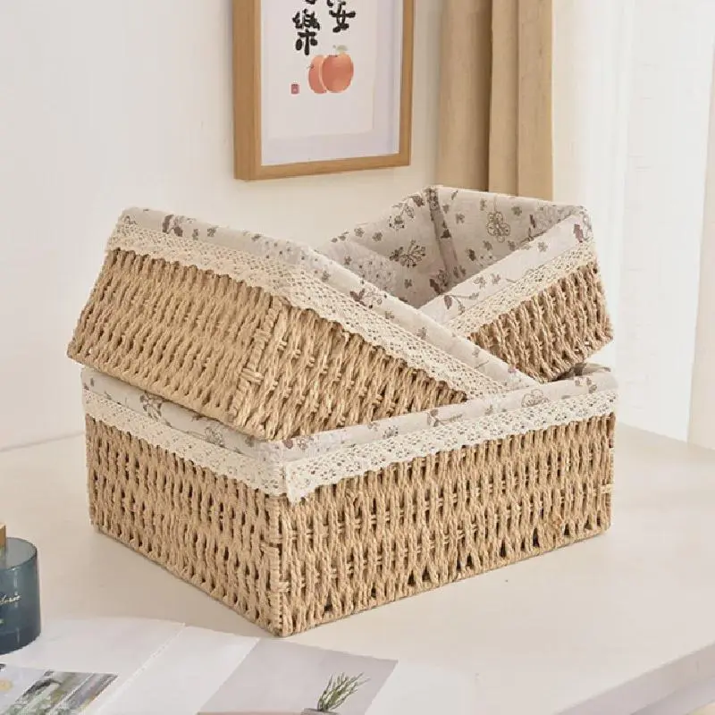 Woven Rattan Storage Basket with Lid, Handmade Sundries Organizer for Food, Books, Snacks, and Picnic Use 3