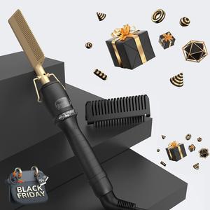 Professional Silk Press Ceramic Hair Straightening Comb, 1 Count Multifunctional Copper Hair Straightening Comb with LCD Display, Hair Straightener for Home Holiday Gifts,