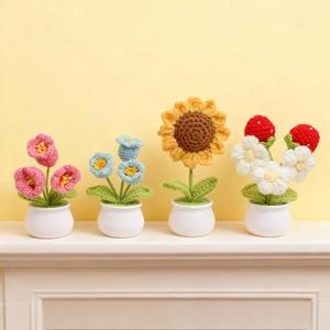 Crochet Flower Pot, 4 Counts/set Handmade Knitted Sunflower Potted Plant, Desktop Decoration Ornament for Home Living Room Bedroom Dining Room, Artificial Fake Indoor Plants
