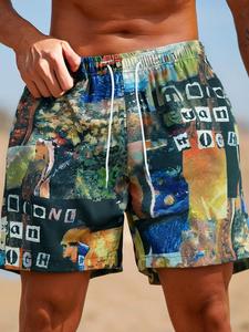 Men's Abstract Print Boxer Brief Swim Shorts, Loose Casual Comfy Breathable Swim Shorts for Summer, Men's Swimwear for Beach Swimming