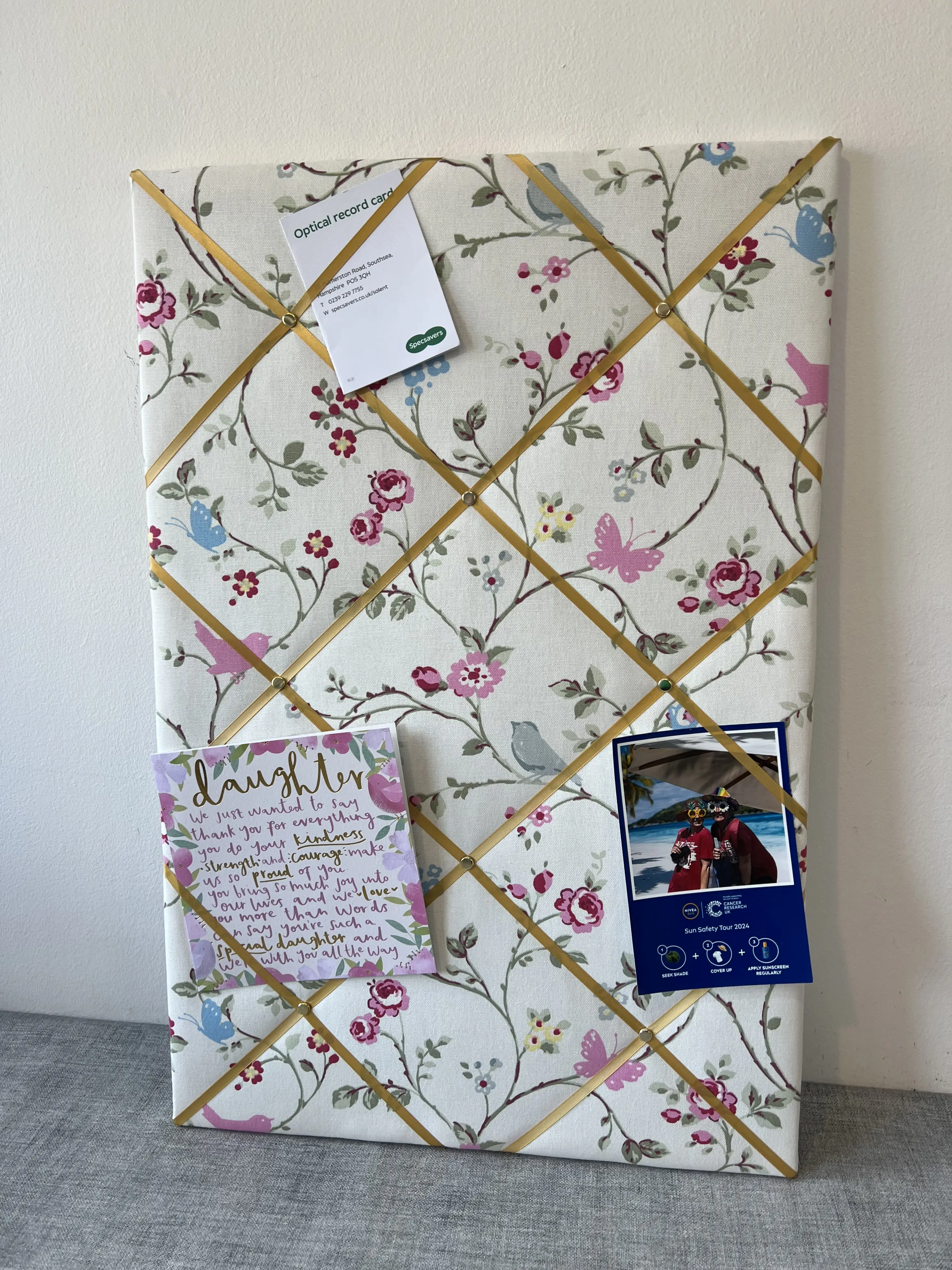 White Bird Trail Fabric Notice Board with French Memo Ribbon Style – Lightly Padded Bulletin Board for Photos, Notes, Memories – Custom Sizes – Pretty Bird and Floral Design in Soft Pastel Tones – Made to Order
