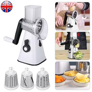Rotary Cheese Grater Handheld Vegetable Slicer with 3 Stainless Steel Drum Blades, Carrot Grater for Kitchen, Slicer Shredder for Cheese, Cucumber, Nuts, Strong Suction Base, Easy to Use - White grater
