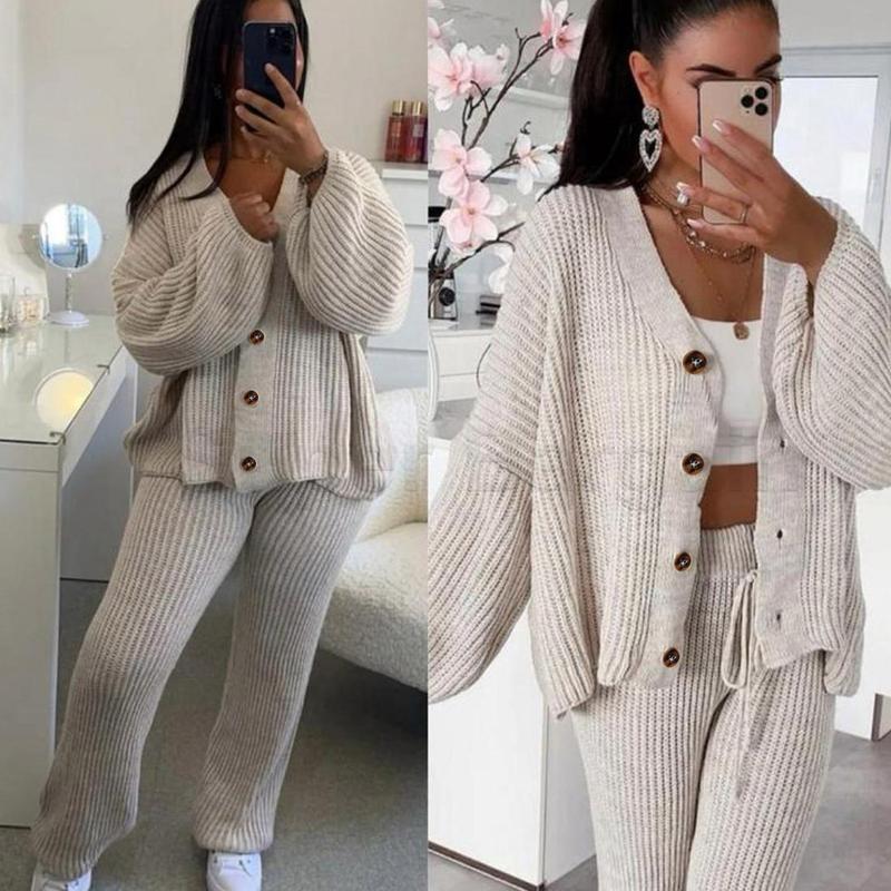 Pcs Cardigan Trouser Set Casual Lounge Wear Plain Casual