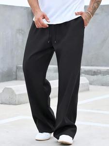 Men's Solid Color Straight Leg Pants, Loose Casual Comfy Breathable Trousers for Summer, Men's Bottoms for Daily Wear, Beige