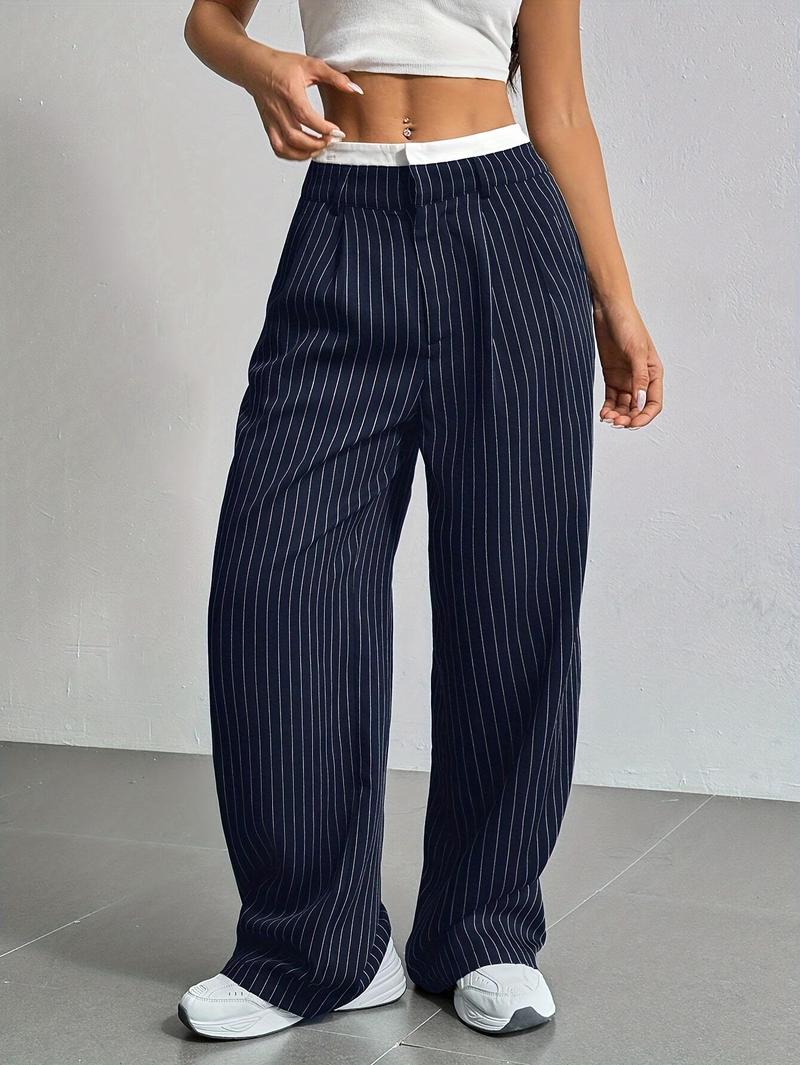 Product Introduction of Women's High-Waist Striped Wide-Leg Blazer Pants - Navy Blue & White Vertical Stripes, Polyester, Casual Style, Machine Washable, Spring/Summer/Fall Wear, Versatile Legwear | Wideleg Design | Glossy Texture, Wide Leg Pants 21