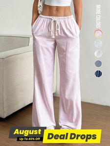 Women's Striped Print Tie Waist Pants, Baggy Casual Comfy Basic Wide Leg Trousers for Summer, Women's Bottoms for Daily Wear