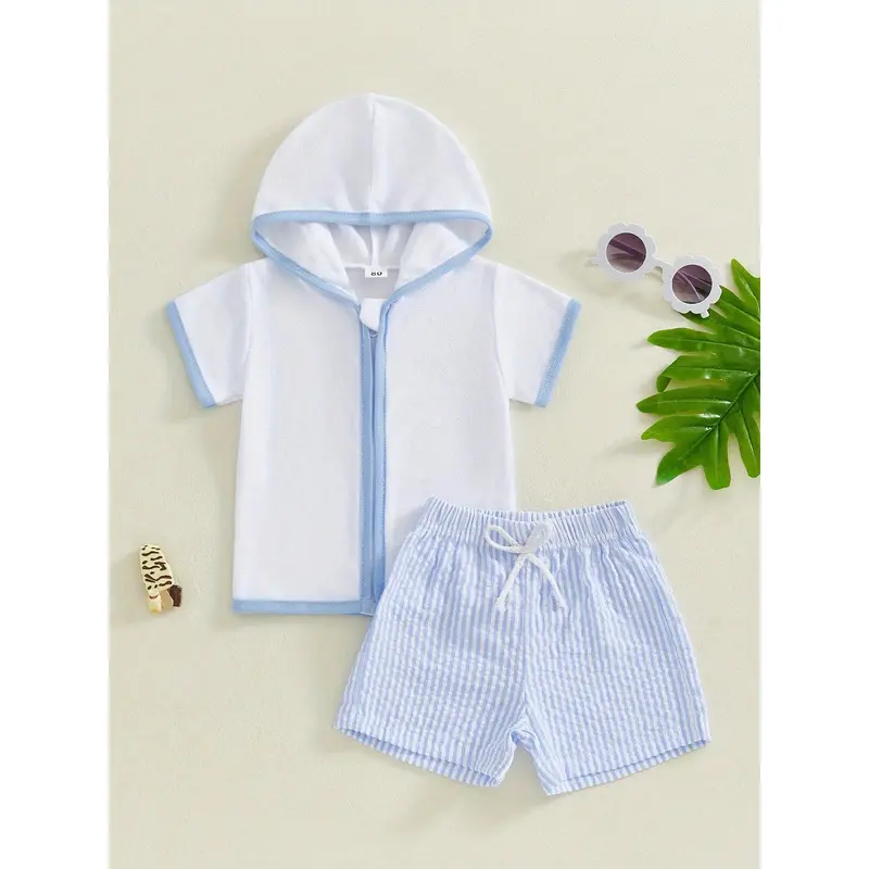 Toddler Boys Beach 2PC Outfit, Zipper Hoodie  Stripe Print Quick-Dry Shorts Set For Summer Swim Cover Up 0