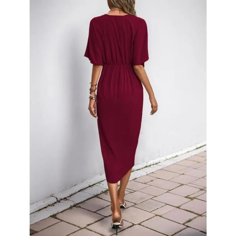 Women's Plain Twist Ruched Half Sleeve Dress, Elegant V Neck Knee Length Dress for Party Holiday Wedding Guest, Ladies Spring Clothes 3