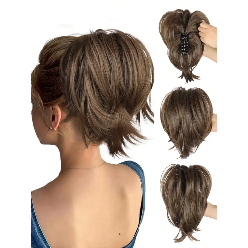 Bun Hair Piece, 10 Inch Claw Clip Short Ponytail Hair Extensions Bendable Messy Wavy Curly Fake Hairpieces For Women 8